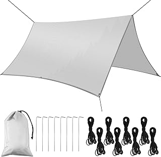 Flintronic Tarp Wasserdicht 3x3m, Ultraleicht Zeltplanen, UV Schutz Camping Sonnensegel Zelt, mit 8 Heringe und 8 Seilen Sonnenschutz, für Camping, Wandern, Hängematte Outdoor (Elfenbeinweiß)