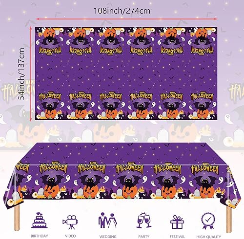 Miniatura 2 de Mantel rectangular de Halloween, paquete de 2 manteles desechables de Halloween de 54 x 108 pulgadas, para niños, tela de araña y patrón de