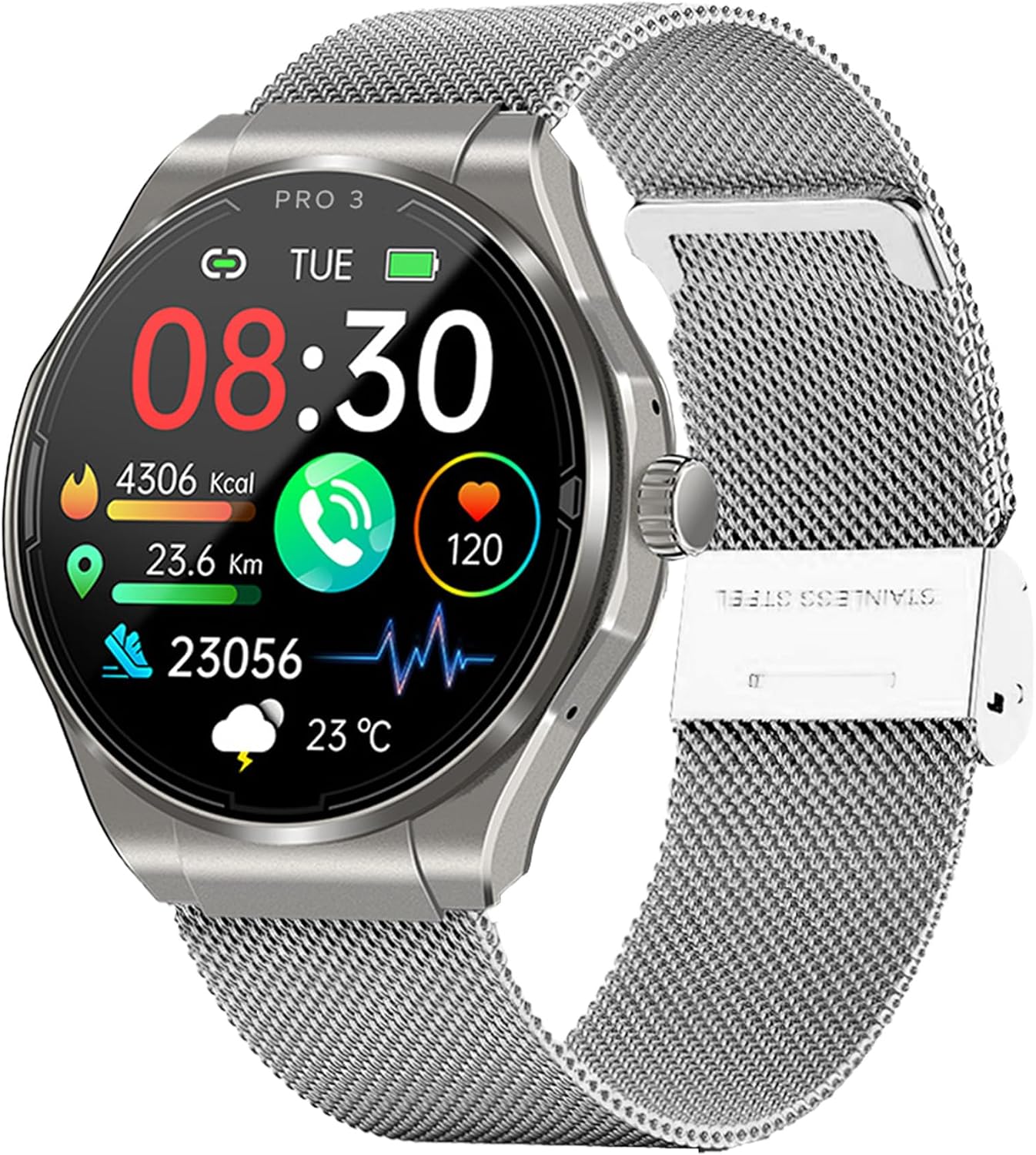 Knauermann PRO 3 (2024) nero – Orologio sanitario smartwatch con funzione telefonica – ECG + HRV e funzione SOS – display AMOLED BT Bluetooth – apnea notturna – cinturino in vero legno marrone scuro
