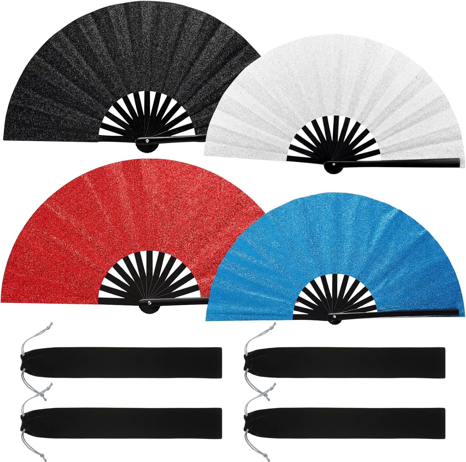 Qunclay 4 Pack UV Glow Large Folding Hand Rave Fans for Line Dancing Chinese Japanese Style Bamboo Clacking Fans for Music EDM Festival Club Party, 4 Styles, 25"(Fluorescent)