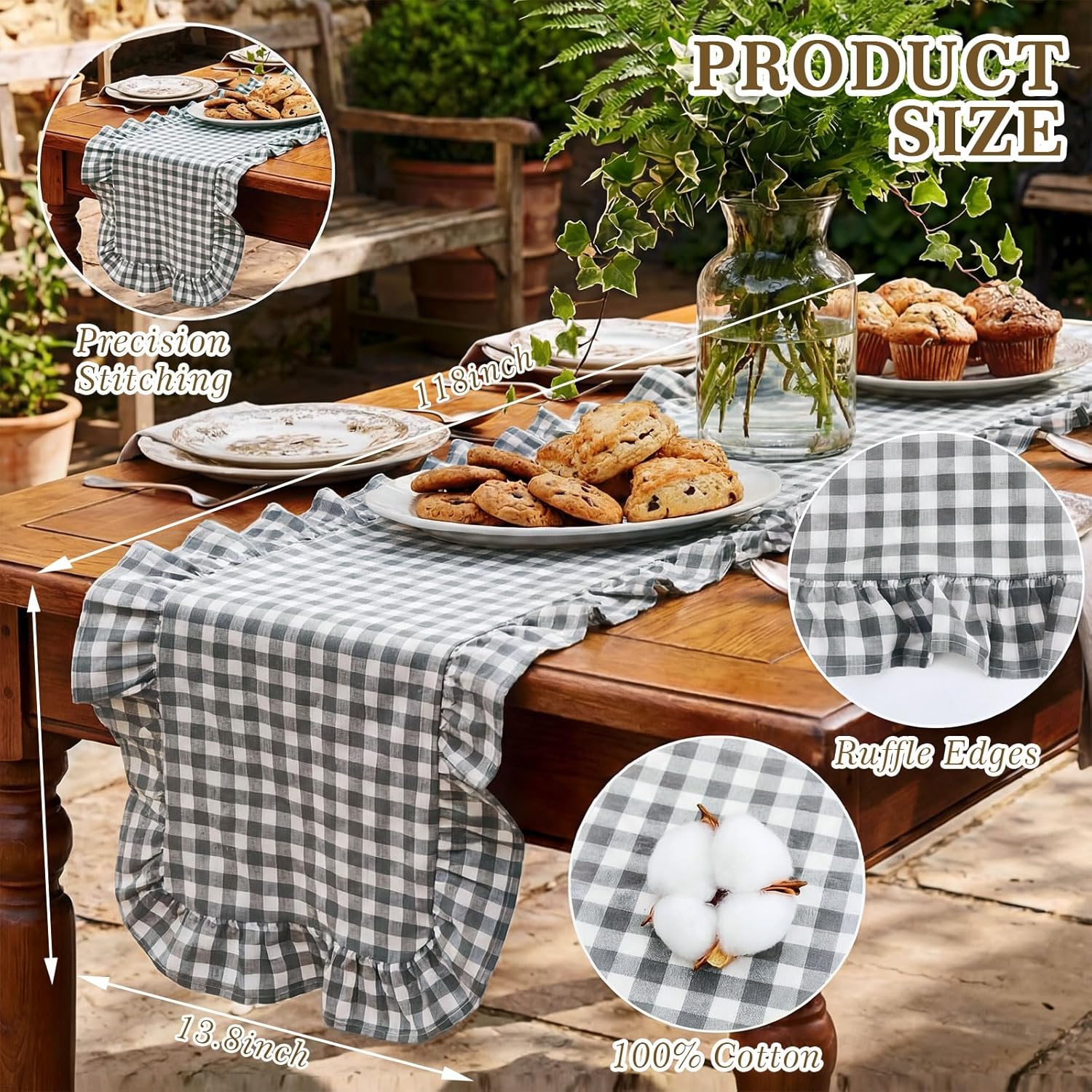 HunnmingRe 1 Pcs Light Grey Plaid Gingham Ruffle Table Runner 118 x 13.8'' Farmhouse Table Runner 100% Cotton Scalloped Long Dresser Scarves for Dining Room, Wedding, Kitchen Rustic Home Decor Light Grey 118 x 13.8 Inch