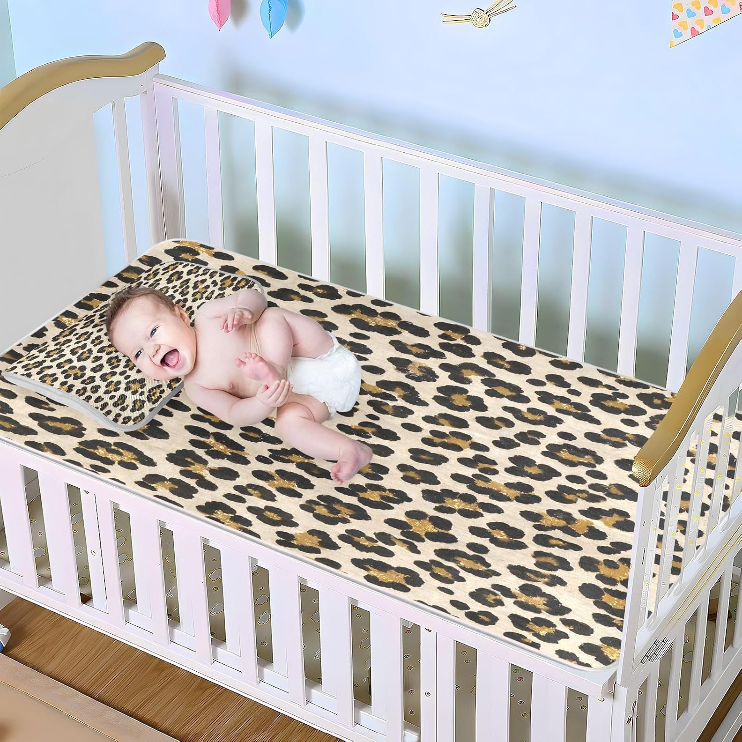 Cooling Baby Fitted Crib Mattress 28" x 52" Absorbent Fake Glitter Leopard Print Beige Pads for Bed Washable for Kids, Adult