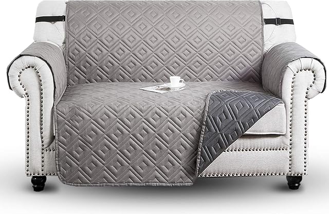 Hafaa Sofa Covers 2 Seater - Reversible Waterproof Sofa Slipcovers with Adjustable Elastic Straps and Hooks Embossed Quilted Couch Cover Furniture Sofa Protectors from Pets, Light Grey & Dark Grey