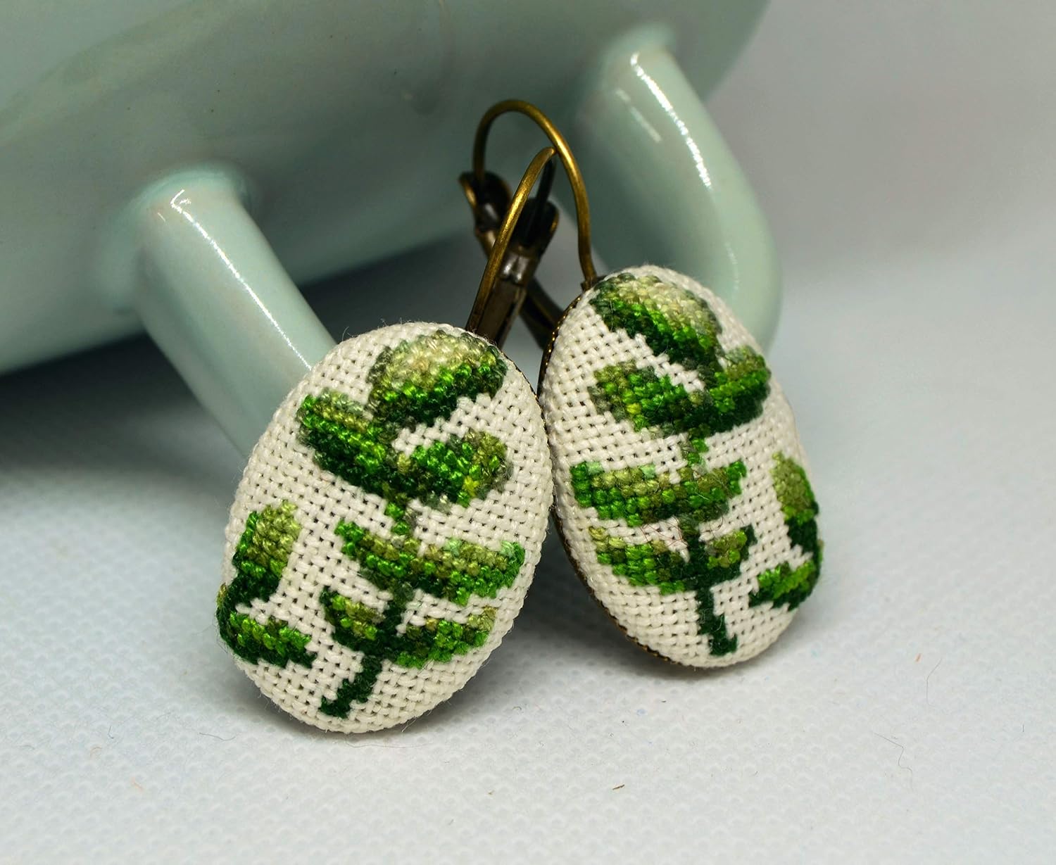 Handmade Embroidered Earrings with Green Branch
