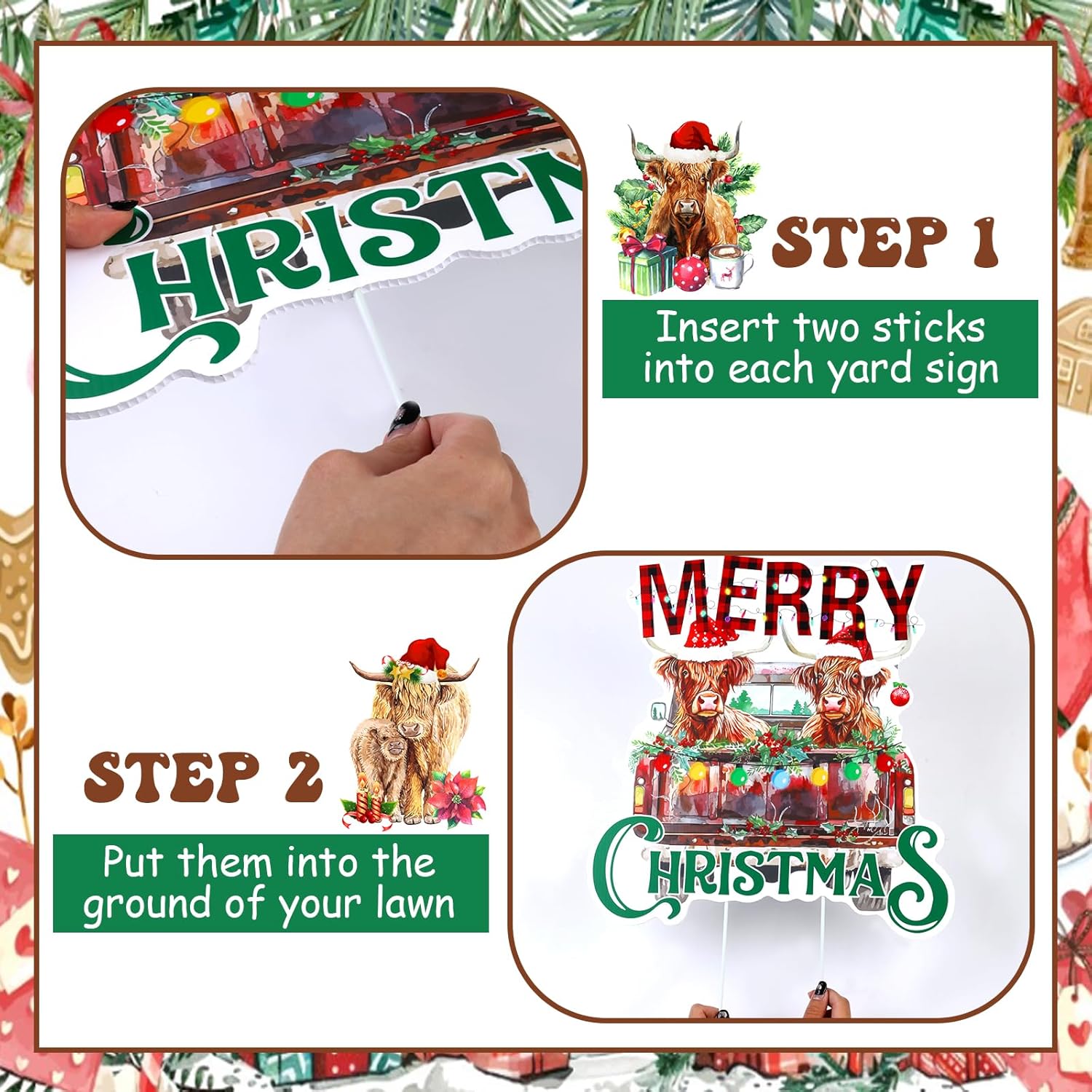 Funmemoir 5PCS Christmas Highland Cow Yard Signs, Christmas Highland Cow Decorations, Merry Christmas Yard Signs with Stakes, Xmas Winter Outdoor Lawn Garden Front Yard Pathway Home Party Decor