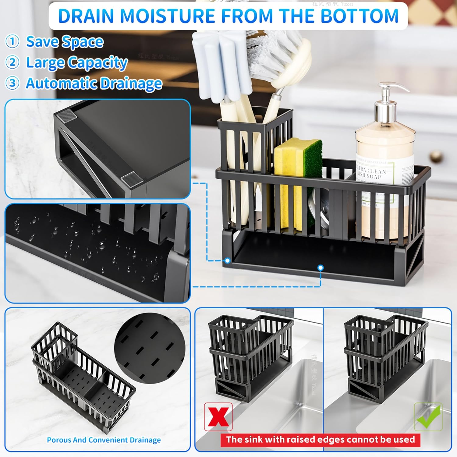 Yieach Rustproof Kitchen Sink Caddy Organizer,Plastic Scrubber,Dish Sponge Holder,Dish Soap Rack & Dispenser,Multifunctional Sponge Drain Rack,Dish Soap Caddy & Storage Organization Accessories,Black