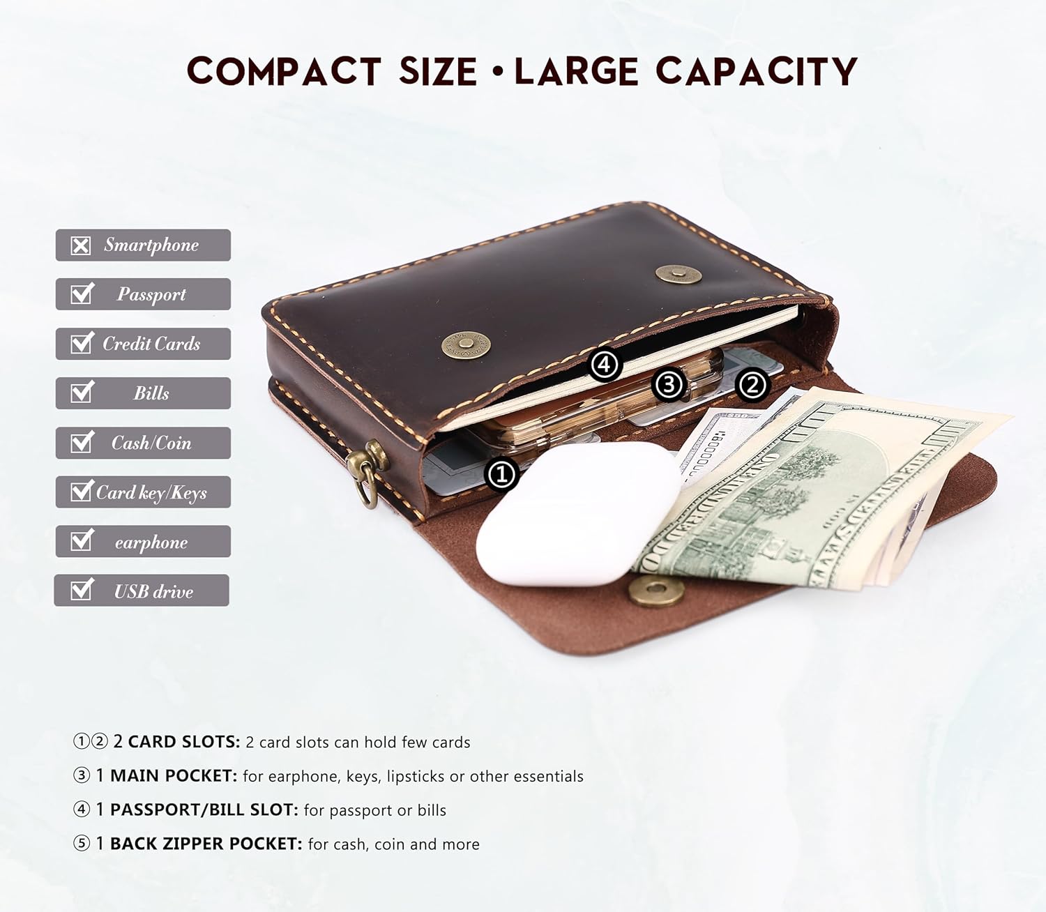 Genuine Leather Travel Wallet for Women & Men – Small Crossbody Bag with Card Slots | Adjustable Strap, Compact Wristlet Clutch Purses for Travel & Daily Use (Cofffee, Small)