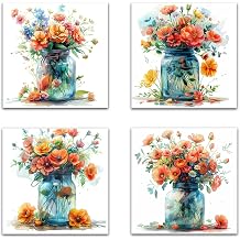 4 PCS Swedish Kitchen Dishcloth Hand Drawn Pattern Floral Fruit Absorbent Cotton Kitchen Dish Towel for Party Home Housewarming Cleaning Counter Wipes 6.7 x 7.5 Inch Vase