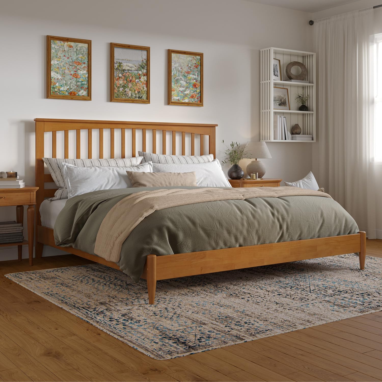HomeStock King Solid Wood Low Profile Platform Bed in Light Toffee