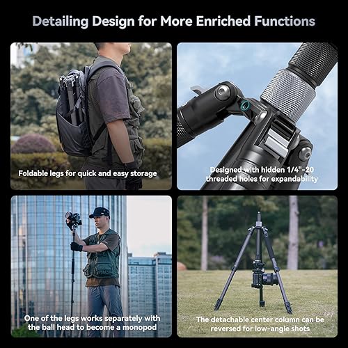 Miniatura 3 de SmallRig AP-20 Trípode de fibra de carbono, monopie de trípode de cámara de 62.2 pulgadas con columna central, trípodes ligeros y compactos con