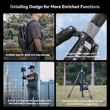 SmallRig AP-20 Carbon Fiber Tripod, 62.2 Camera Tripod Monopod with Center Column, Compact Lightweight Tripods with 360 Ball Head, Payload 26.5 lbs, Quick Release Plate, for DSLR Camera - 4059