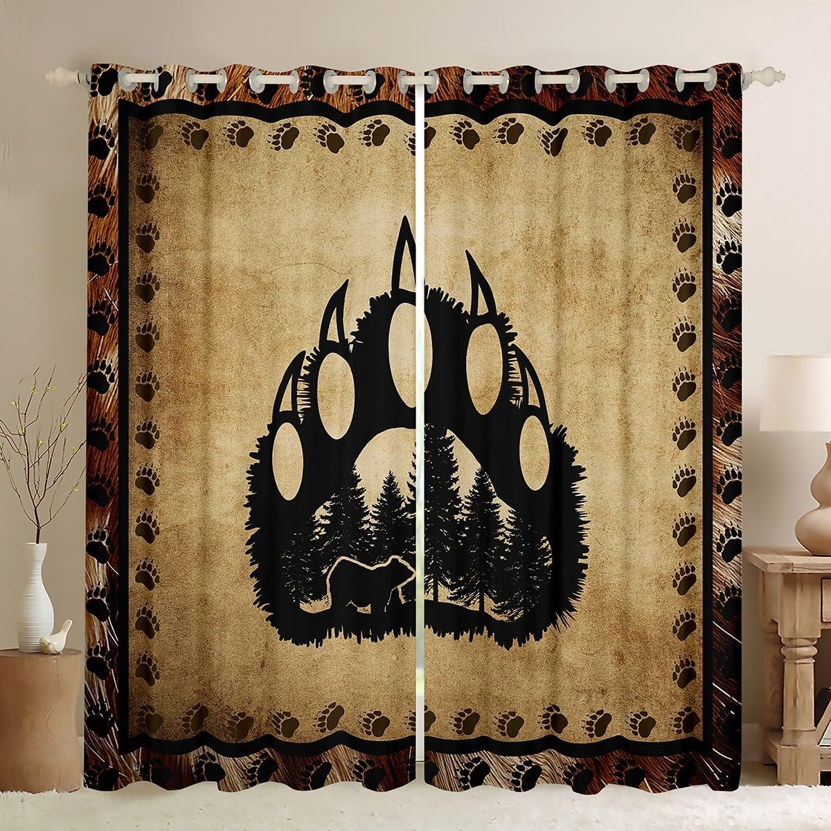 Feelyou Bear Paw Print Darkening Dreapes Nature Wildlife Bear Head Bedding Set Kids Wild Animal Blackout Curtains Natural Theme Brown Exotic Style Window Treatments (2 Panels, 38 x 54 Inch)