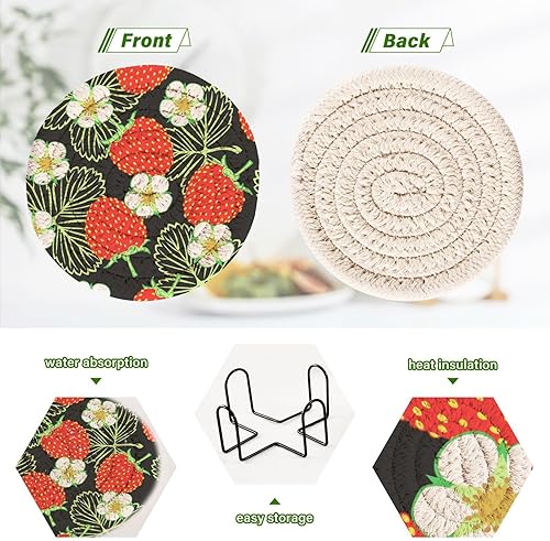 Miniatura 4 de innewgogo Wild Strawberries Flowers Leaves 6 Pcs Absorbent Drink Coasters for Tabletop Protection Handmade Round Woven Coaster with Holder & Heat