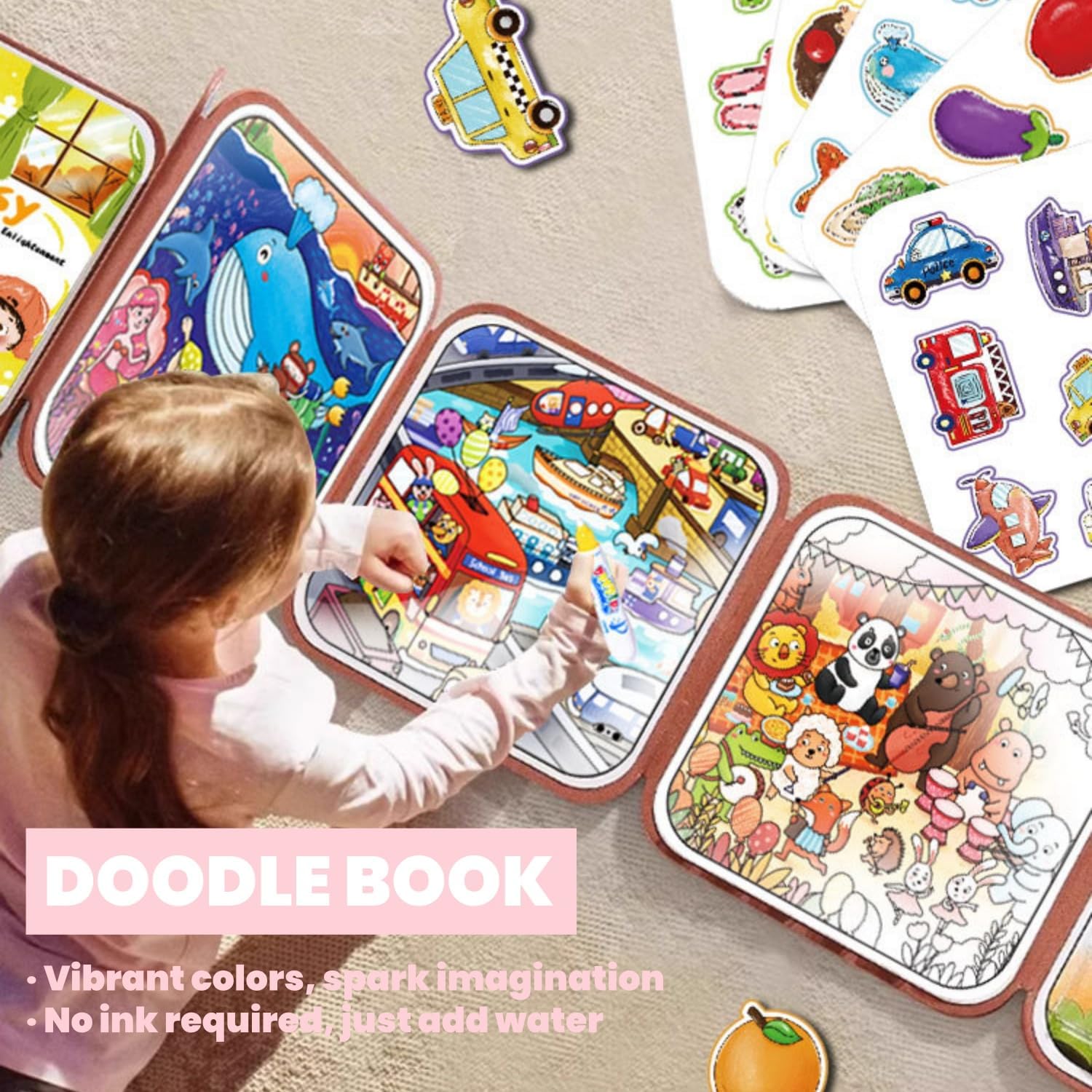 FZRMU Toddler Water Doodle Book Set for Ages 1-3, Mess Free Travel Activity Set with 2 Reusable Water Coloring Books, 1 Sticker Busy Book, Water Pens & Cards, Learning Toy for Car Rides Airplane