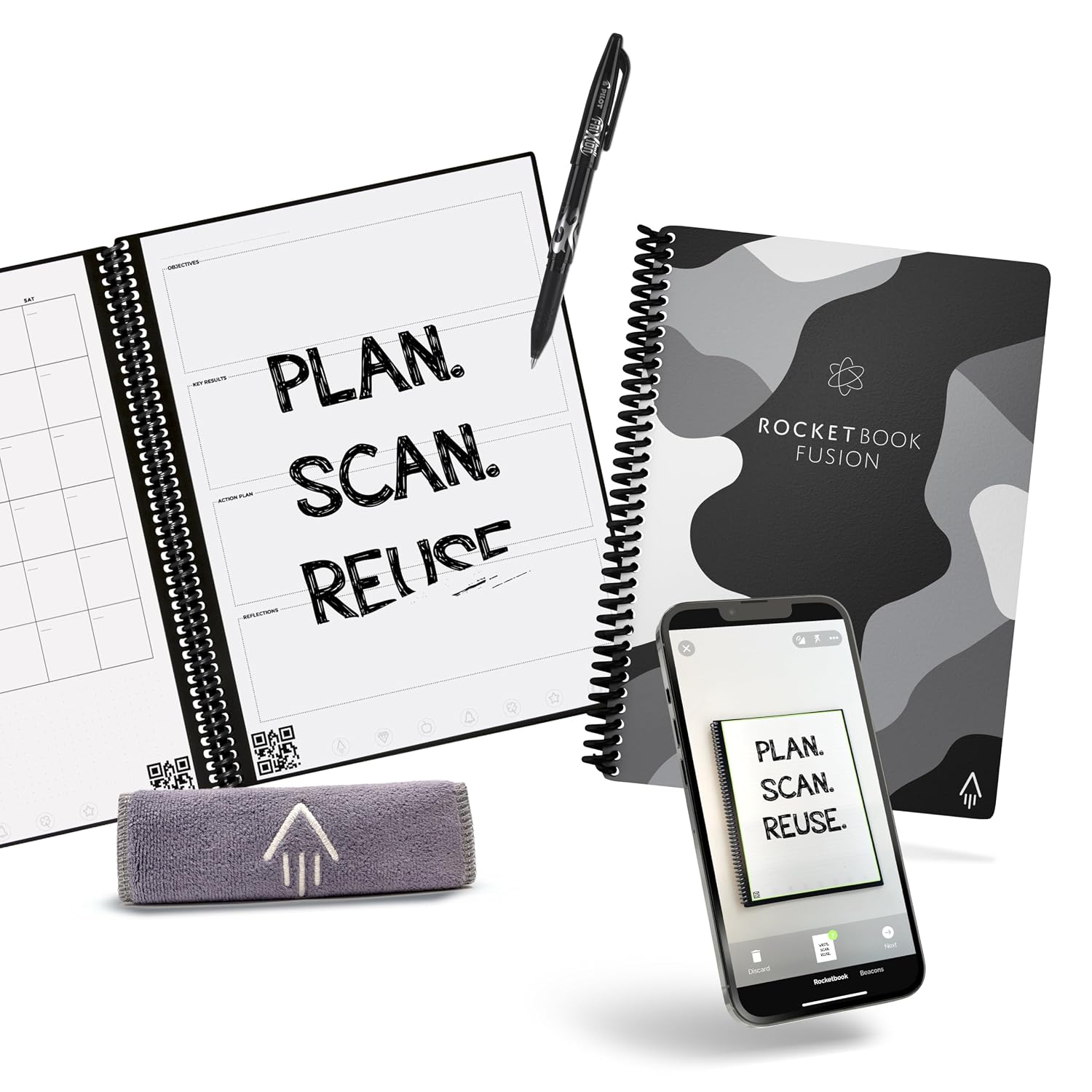 Rocketbook Fusion Reusable Undated Productivity Planner, Executive Size 6x8.8, Camo - Goals, Monthly and Weekly Calendar, Daily To-do List, Lined and Dotted Notes Pages