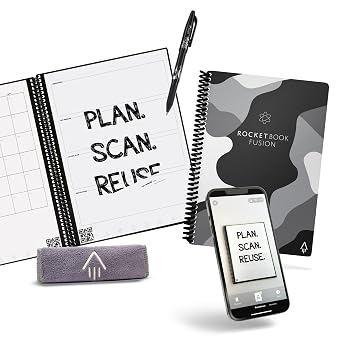 Rocketbook Fusion Reusable Undated Productivity Planner, Executive Size 6x8.8, Camo - Goals, Monthly and Weekly Calendar, Daily To-do List, Lined and Dotted Notes Pages