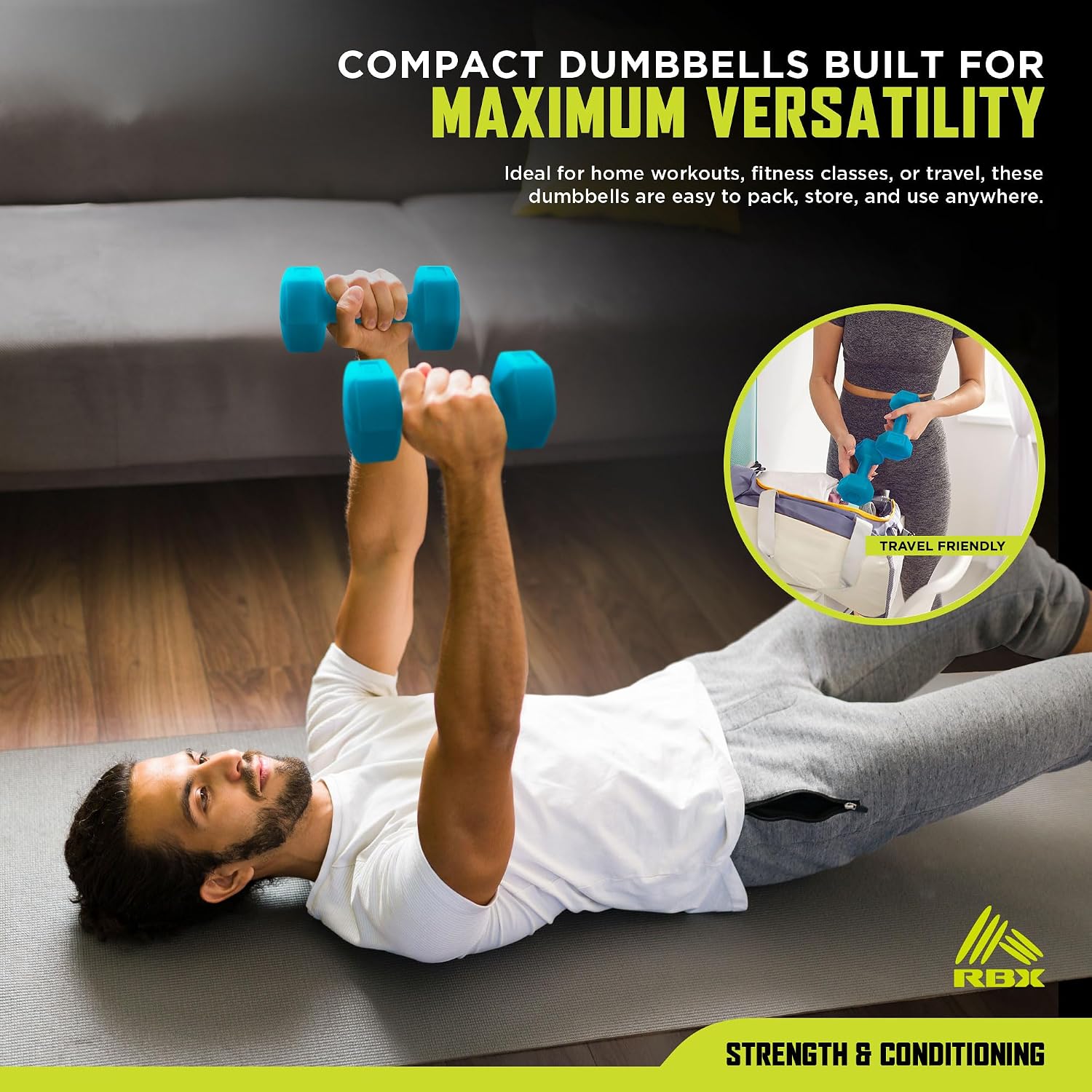 RBX Vinyl Coated Hand Weight Dumbbell Set - Hex Shaped, Roll Free for Body Building/Sculpting/Strength Training Exercise, (Set of 2)