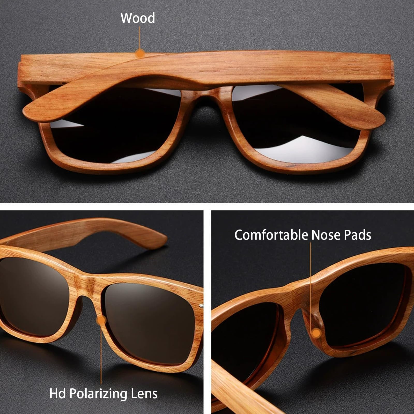 Sonnenbrille Holz Herren & Damen Polarisiert - Schwimmende Bambus Brille UV400 - Retro Style - Leicht & Robust Für Autofahren, Sport & Strand - Inkl. EtuiC,1