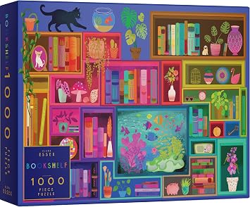 Elena Essex 1000 piece Jigsaw Puzzles for Adults - Bookshelf, Jigsaw Puzzles for Adults 1000, Adult Jigsaw Puzzles 1000 Pieces, Colourful Books Cat Flower Rainbow Puzzle, Size 70x50cm