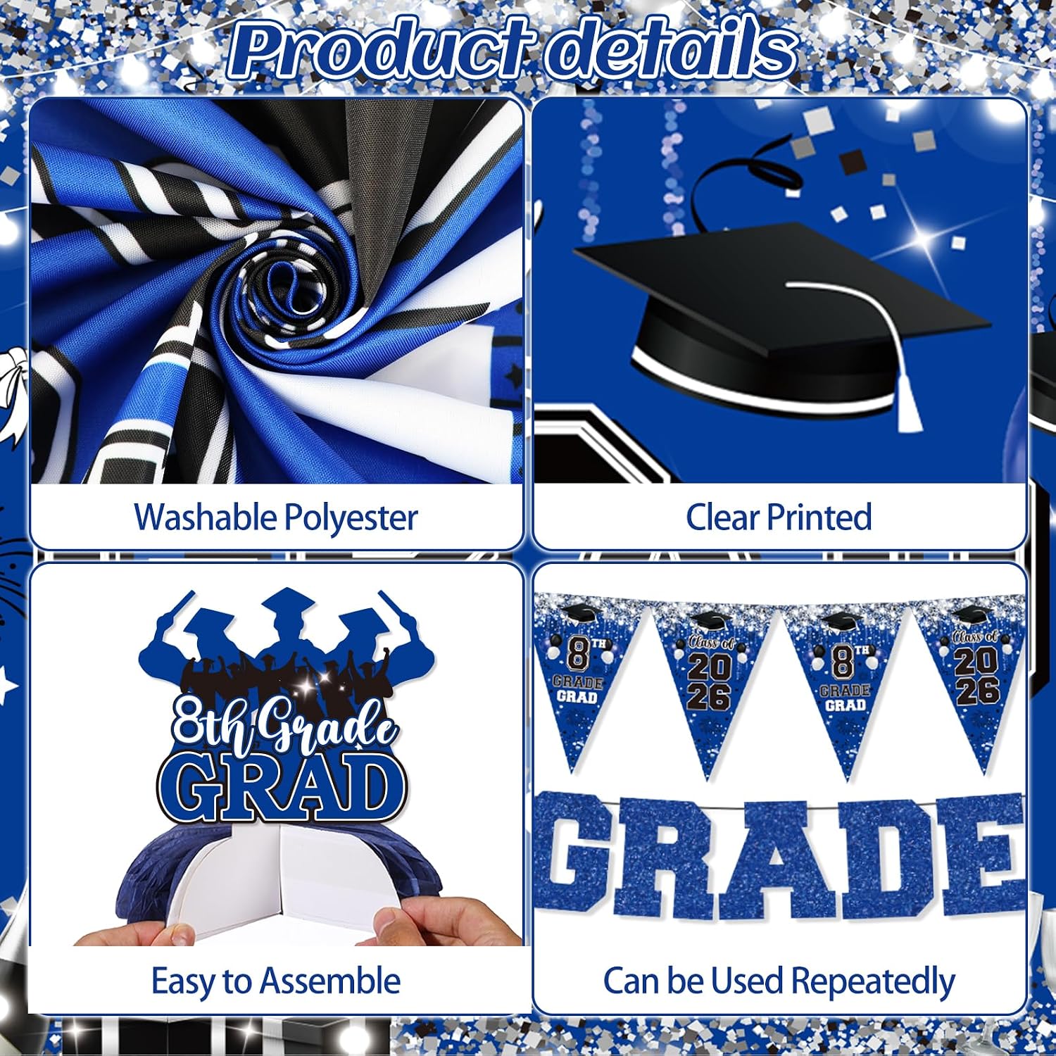 26Pcs 8th Grade Graduation Decorations 2026, Blue and Black Hello High School Party Supplies with Large Backdrop Banner, Balloons, Swirls & Honeycomb Centerpieces, Middle School Grad Decor