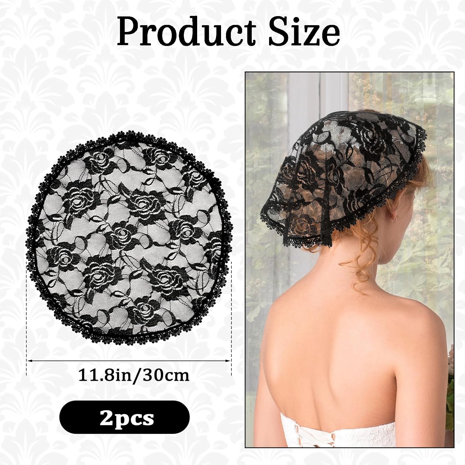 2 Pcs Chapel Veils, Lace Veil Round Head Coverings for Women, Black & White Polyester Mantilla, Rose Pattern(1)