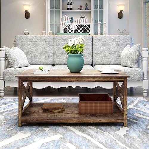 Miniatura 10 de Rainbow Sophia Mesa auxiliar, moderna mesa de centro de madera de granja con almacenamiento de 2 niveles, 40 pulgadas, roble sargent