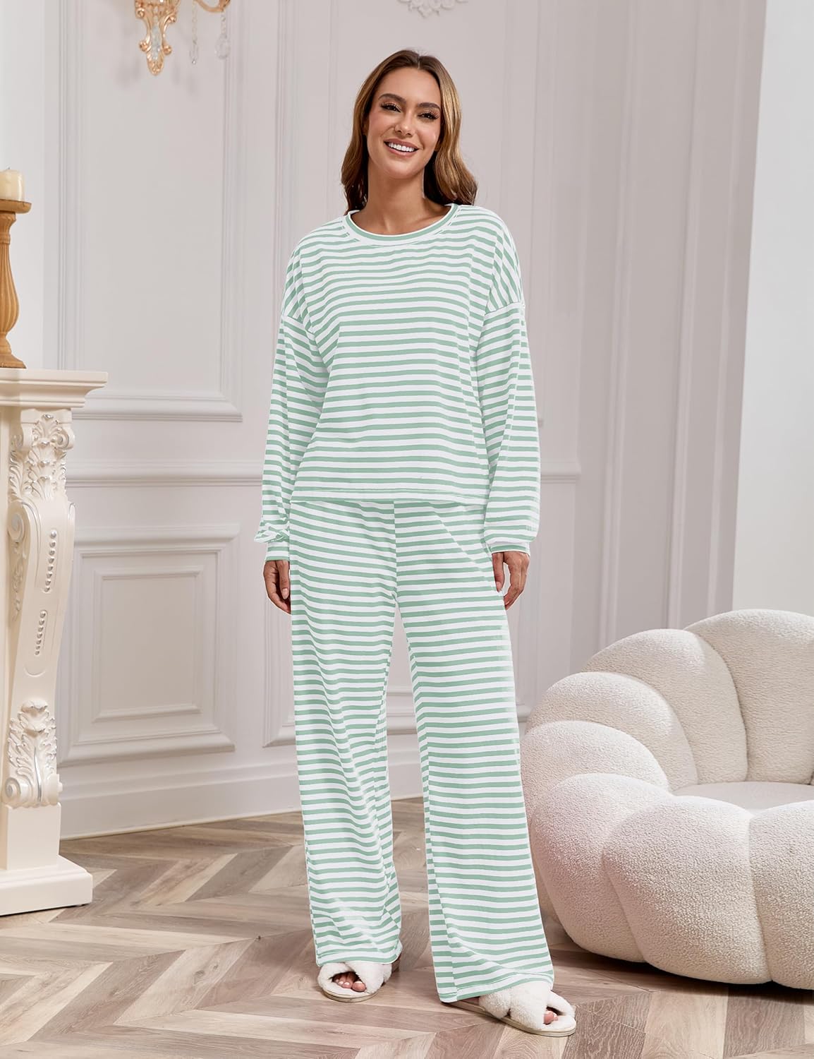 MISSACTIVER Women's Striped 2 Piece Lounge Set Casual Long Sleeve T-Shirt Drawstring Wide Leg Pants Matching Pajamas Set - Image 2