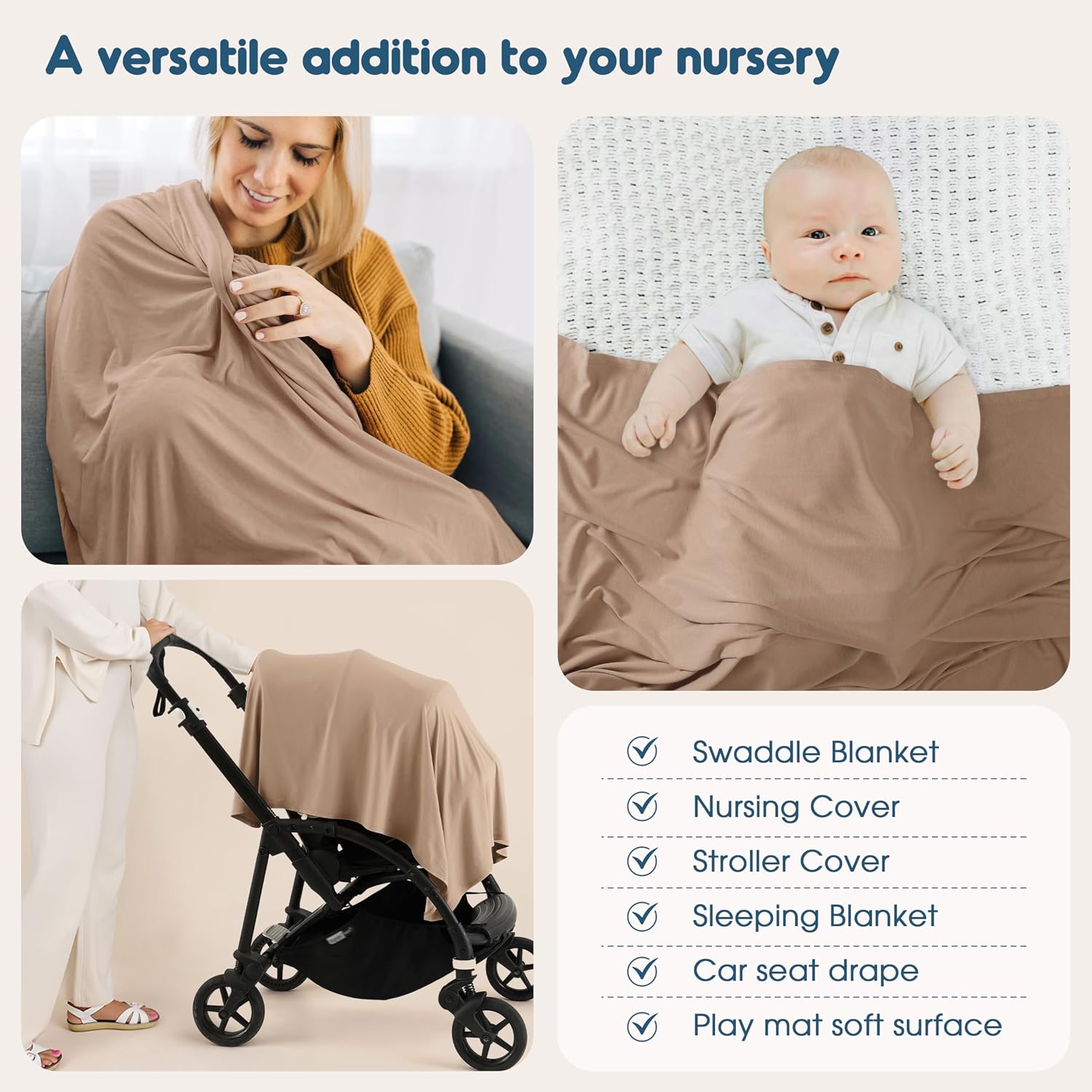 GRSSDER 2 Set Newborn Swaddle Blanket with Beanie(4 pcs), Ultra Soft Stretchy Jersey Knit Extra Large Size 33 x 44 Receiving Blankets for Easy Swaddling Baby Snug and Cozy