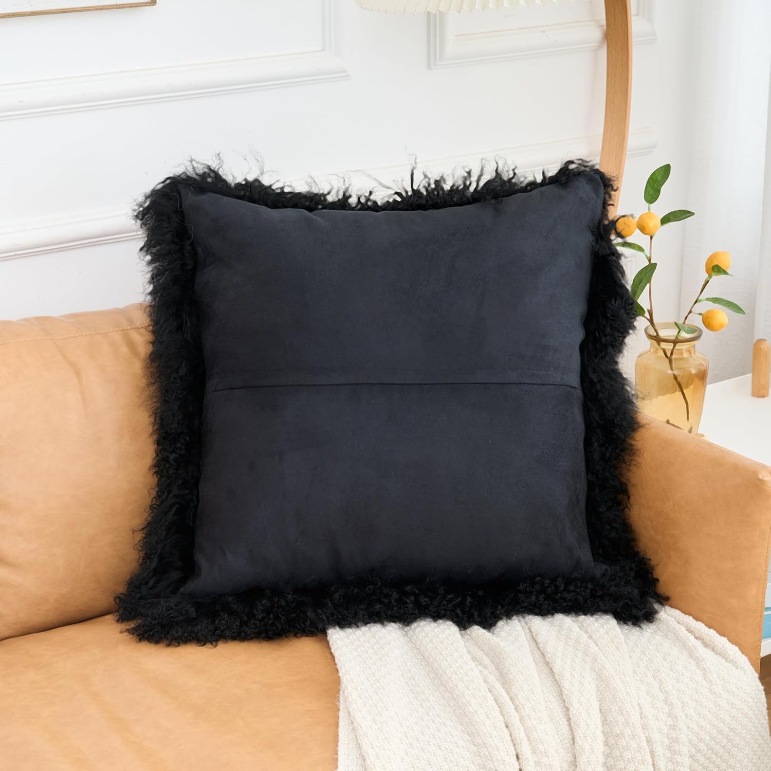 Genuine Mongolian Lamb Fur Pillow Cover – Soft Curly Sheepskin Cushion Case – Decorative Throw Pillow for Sofa, Couch, or Bed Sizes (Black, 22" x 22")