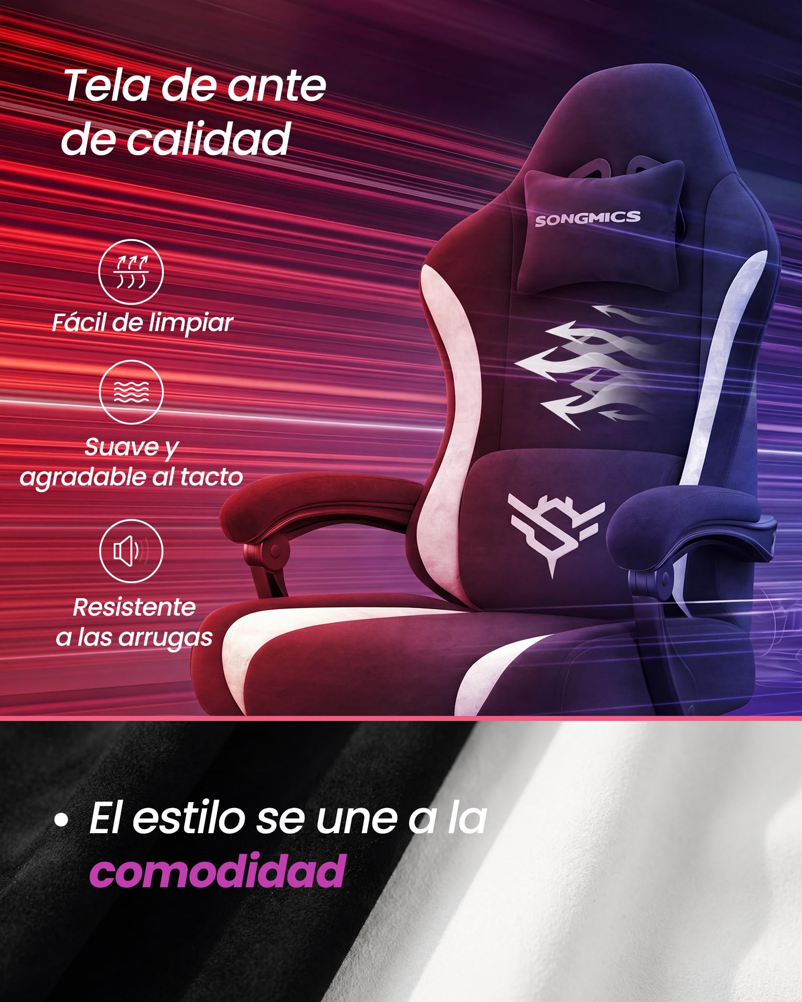 SONGMICS Silla Gaming, Silla de Escritorio Ergonómica de Poliéster, Reclinable 135° con Reposapiés, Soporte Lumbar, 70 x 70 x 120-130 cm, Negro y Blanco, Colección Cathy OBG092BH01