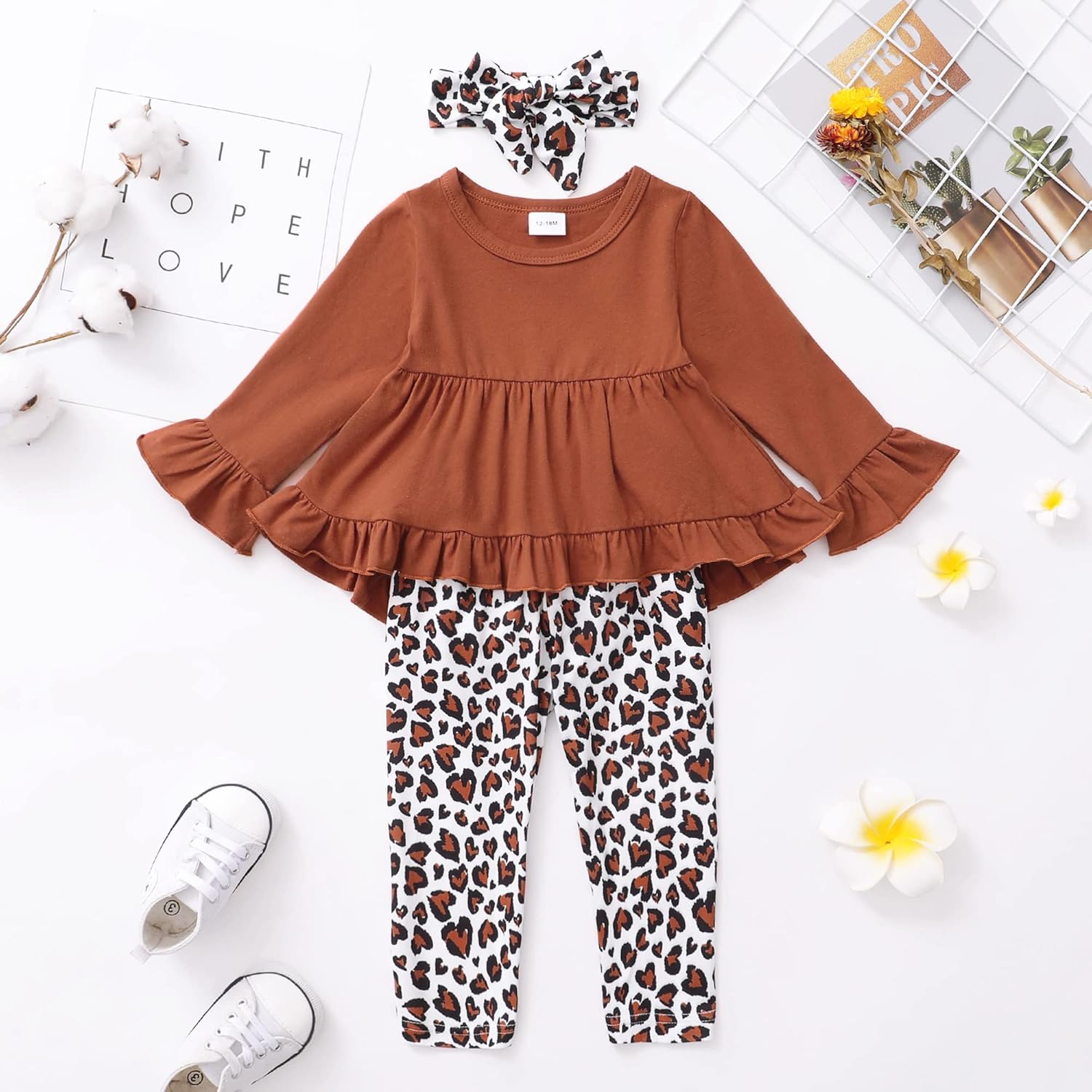Kucnuzki Baby Girl Clothes Toddler Girl Outfit Ruffle Sleeve Shirt Floral Pant Set Fall Winter Clothing for Girl - Image 2