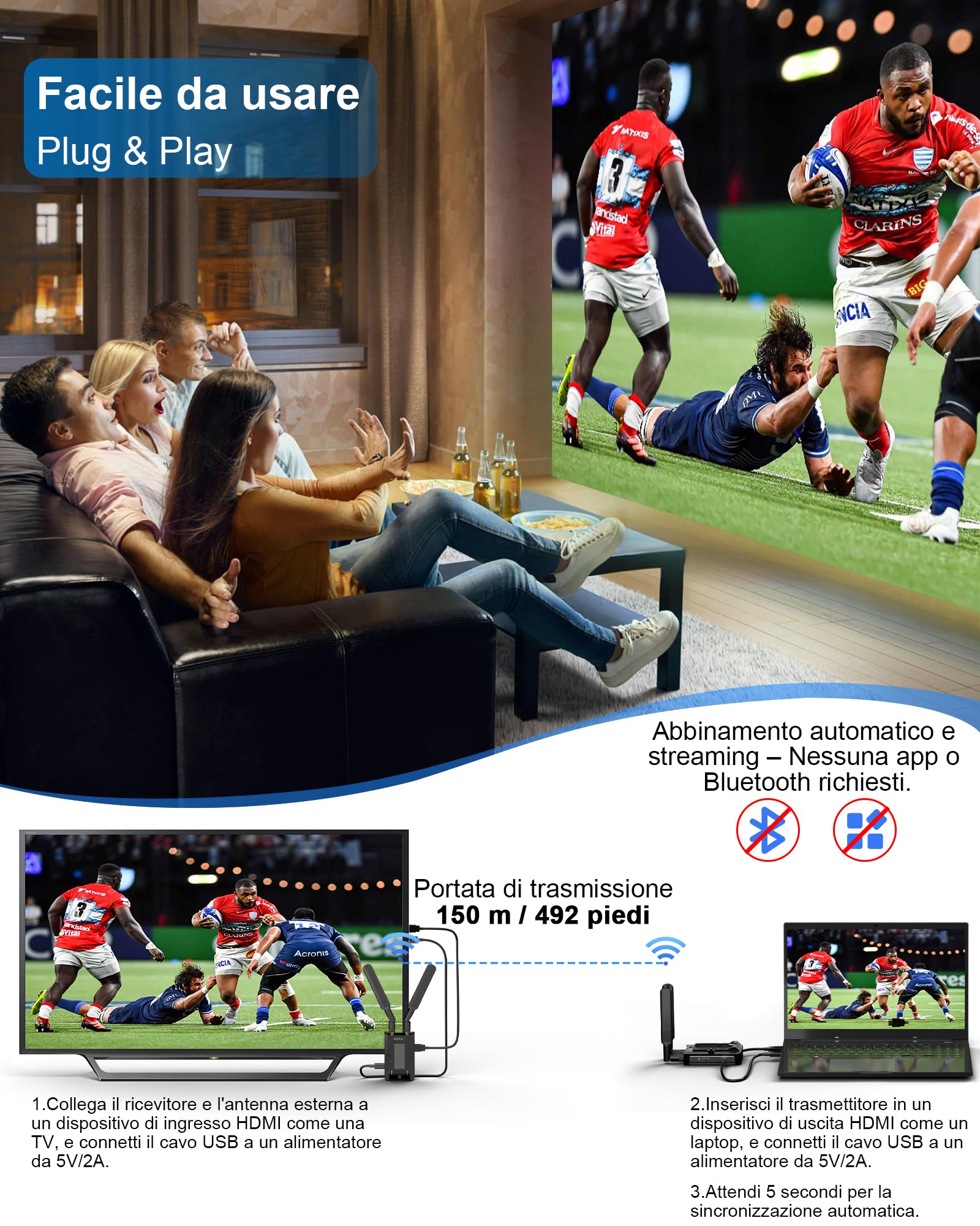 Trasmettitore e ricevitore HDMI wireless Pro 4K@30Hz, 150M Range Ultra HD HDMI Trasmissione radio Kit per DSLR, laptop, Netflix, YouTube to TV/Projector