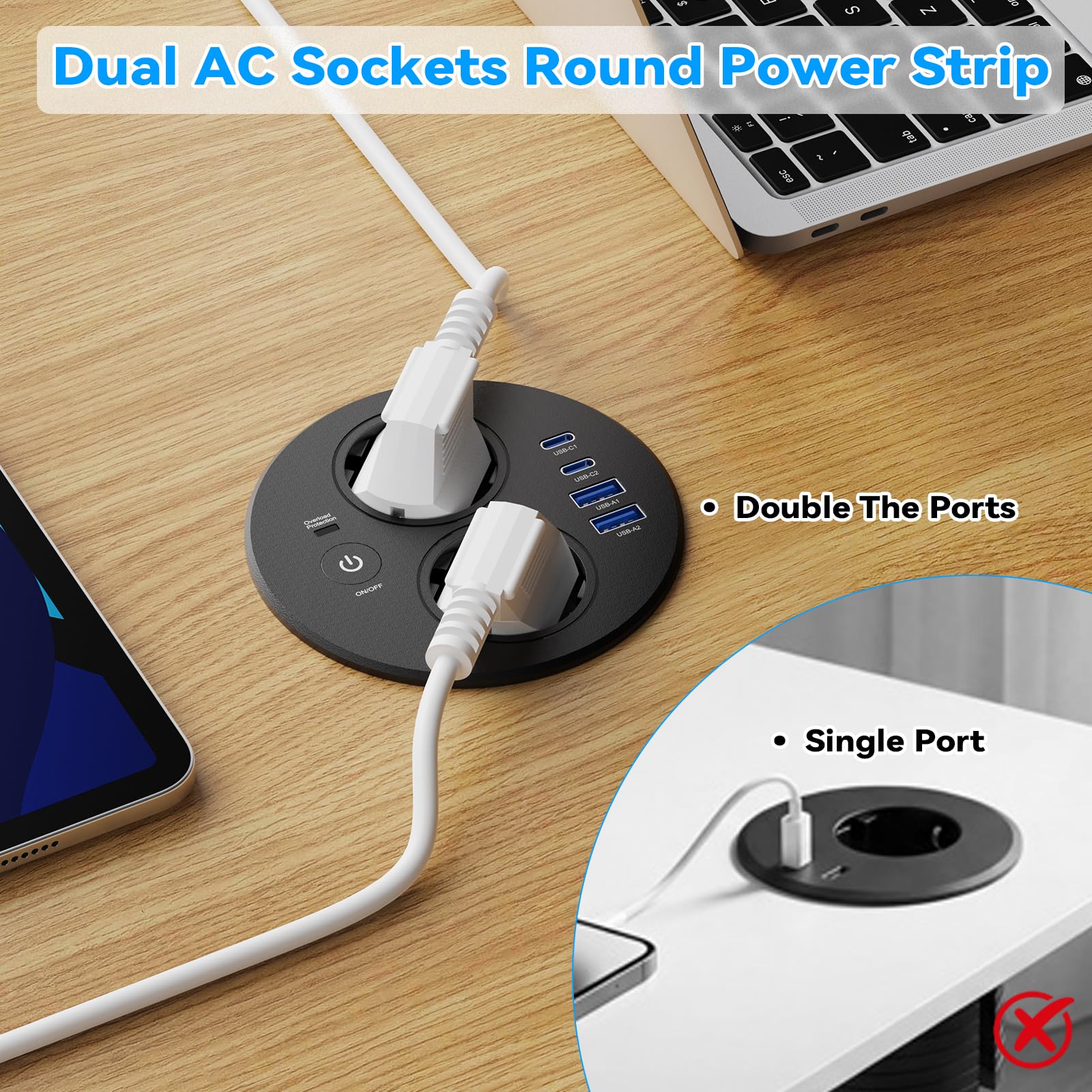 Gniazdko podtynkowe, okrągłe, z 2 gniazdami Schuko i 4 portami USB, 2 x USB C PD 20 W, gniazdko stołowe z przełącznikiem, do biurka, biura, kuchni, blatu roboczego, listwa zasilająca do zabudowy z