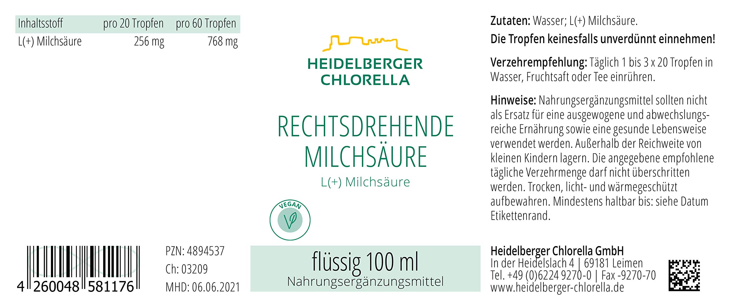 Heidelberger Chlorella – Rechtsdrehende Milchsäure (RMS), in flüssiger Form, 100 ml, 2.000 Tropfen