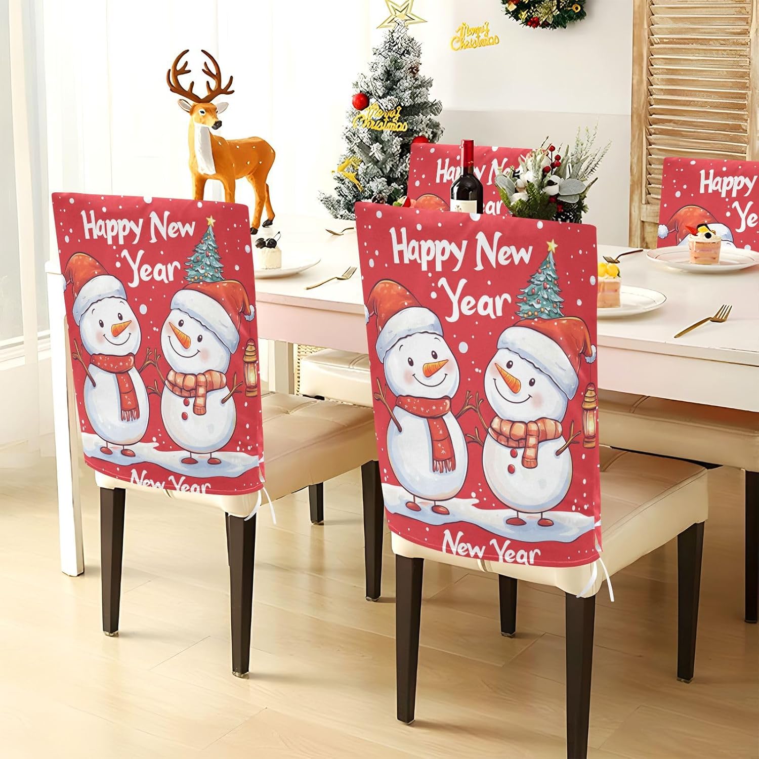 MNSRUU Christmas Chair Back Cover for Dining Room,Snowman Chair Slipcovers Set of 6,Snowman Chair Cover for Kitchen Hotel Holiday Party Decor,150