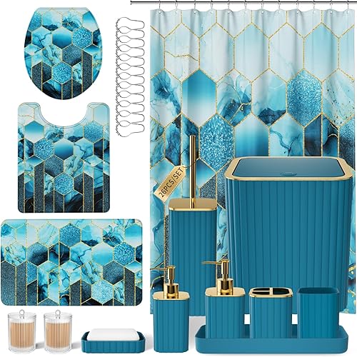 Vista 12 de Juego de baño – Juego de baño de 26 piezas con cortina de ducha y alfombras, juego de accesorios de baño, juego de accesorios de baño negro, bote