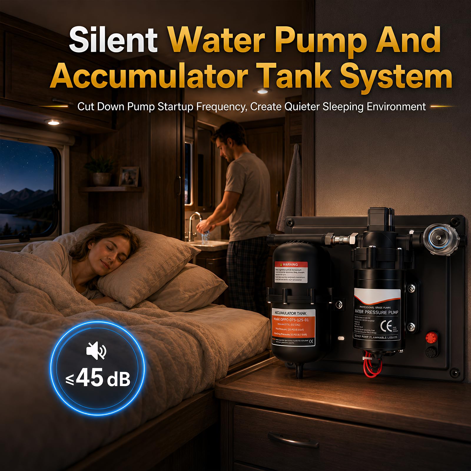 DC 12V Wasserdrucksystem mit 0,75L Druckspeicher, 3,0 GPM 50PSI Selbstansaugende Membranpumpe mit Filter & Druckeinstellung, leise Wasserversorgungspumpe für Wohnmobil, Boot, Garten, Camping
