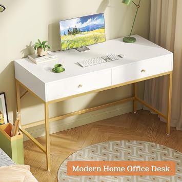 SUPERJARE Vanity Desk with Drawers, 47 inch Computer Desk, Modern Simple Home Office Desks, Makeup Dressing Table for Bedroom - White and Gold