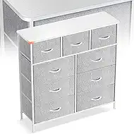 Curved Profile Dresser for Bedroom, Chest of Drawers, 9 Storage Drawers Organizer Unit, Black Dresser with Fabric Bins for Closet, Living Room, Kid Room (White)