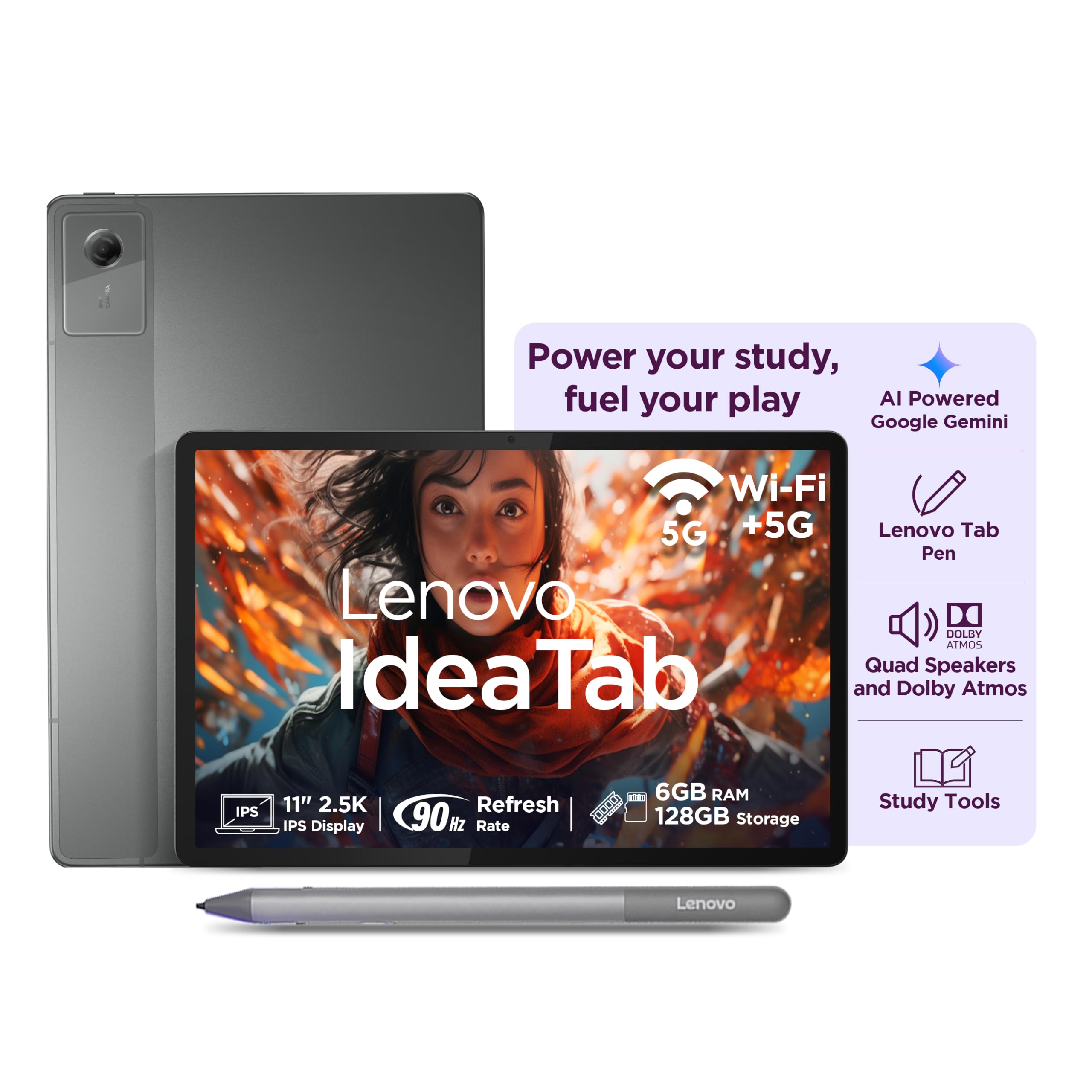 lenovo idea tab with tab pen | wifi only |11" 2.5k ips display |6gb ram + 128gb rom (expandable upto 2tb)| mediatek dimensity 6300|7040mah|4 speakers| grey