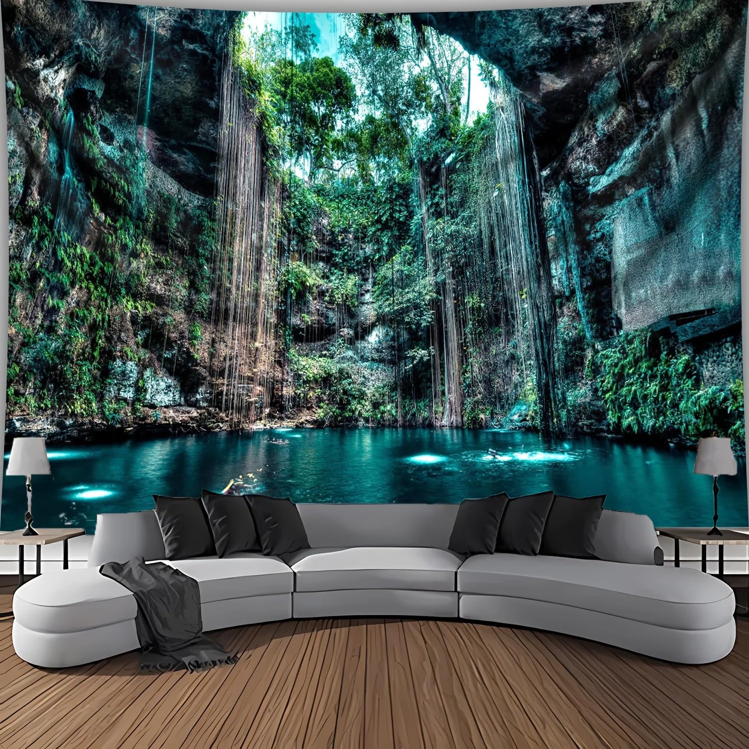 Papier peint 3D grotte et cascade fresque autocollante en PVC pour salon