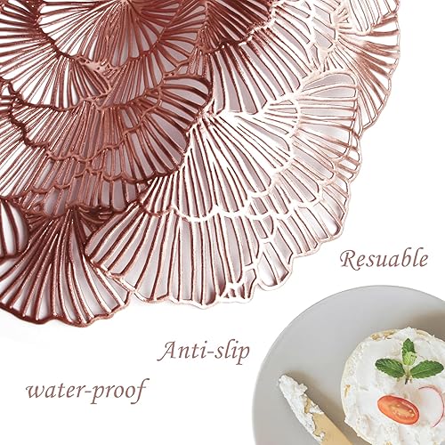 Miniatura 4 de Juego de 6 manteles individuales redondos, con diseño de hojas de ginkgo doradas, material de vinilo, 15 pulgadas de diámetro, lavables,