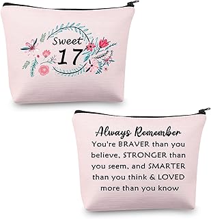 MBMSO Sweet 17 Makeup Bag Happy 17th Birthday Gift Bag 17 Year Old Girl Gifts Inspirational Gifts always Remember You are Braver than You Believe, Sweet 17 pink, medium,
