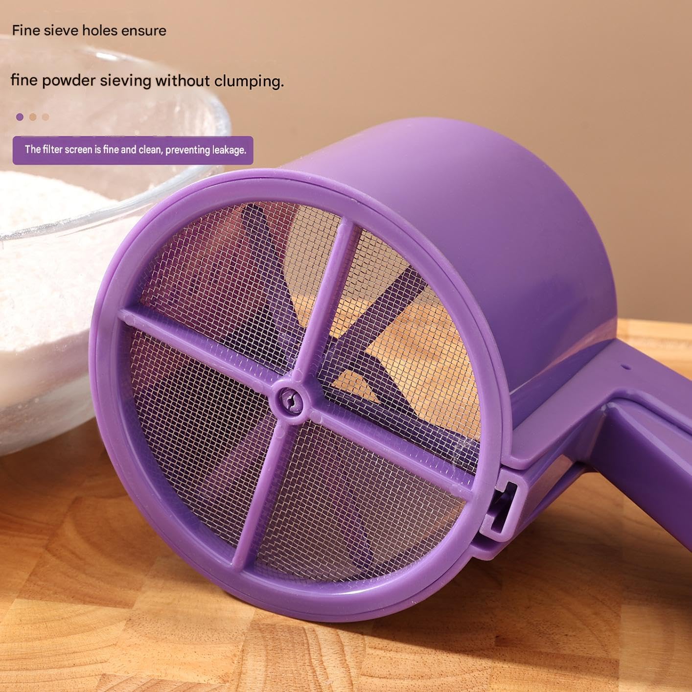 Flour Sifter with Squeeze Handle, One-Hand Baking Sieve with Fine Stainless Steel Mesh and Measuring Marks for Flour, Powdered Sugar, Cocoa and Baking, Purple