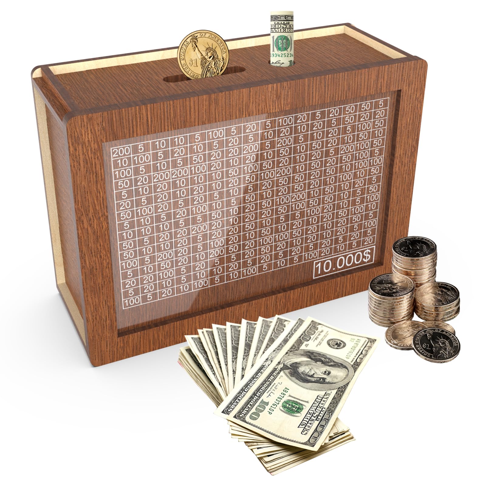 Money Saving Box 10,000, Savings Box, Money Boxes with Counters for Adults and Children, Wooden Coin Bank, Cashbox, $10000 Savings Challenge Box, Reusable Cash Box with Dry Erase Marker.