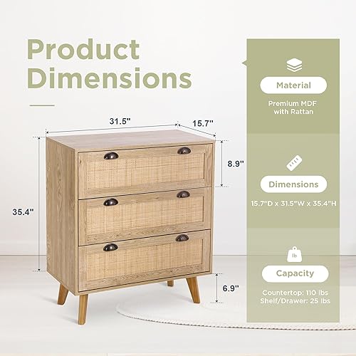 Miniatura 3 de Sophia & William Mueble de ratán Boho Cómoda de 3 cajones con cajonesGabinete de almacenamiento de acentoMesita de noche