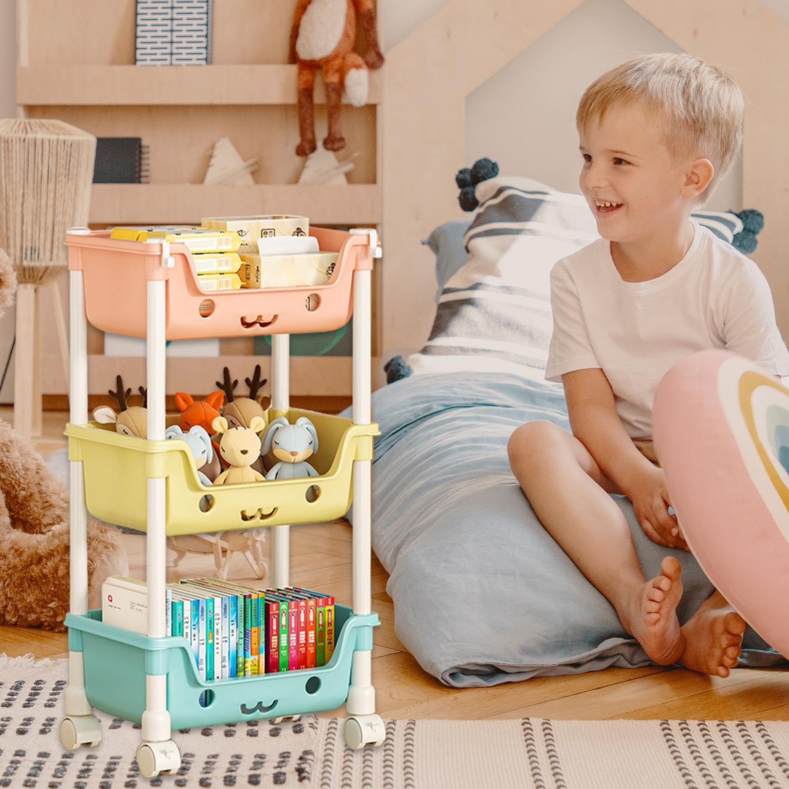 Estantería para juguetes para niños, organización y almacenamiento en la sala de juegos, estantería infantil de varios niveles con ruedas, organizador para niños, contenedor de almacenamiento