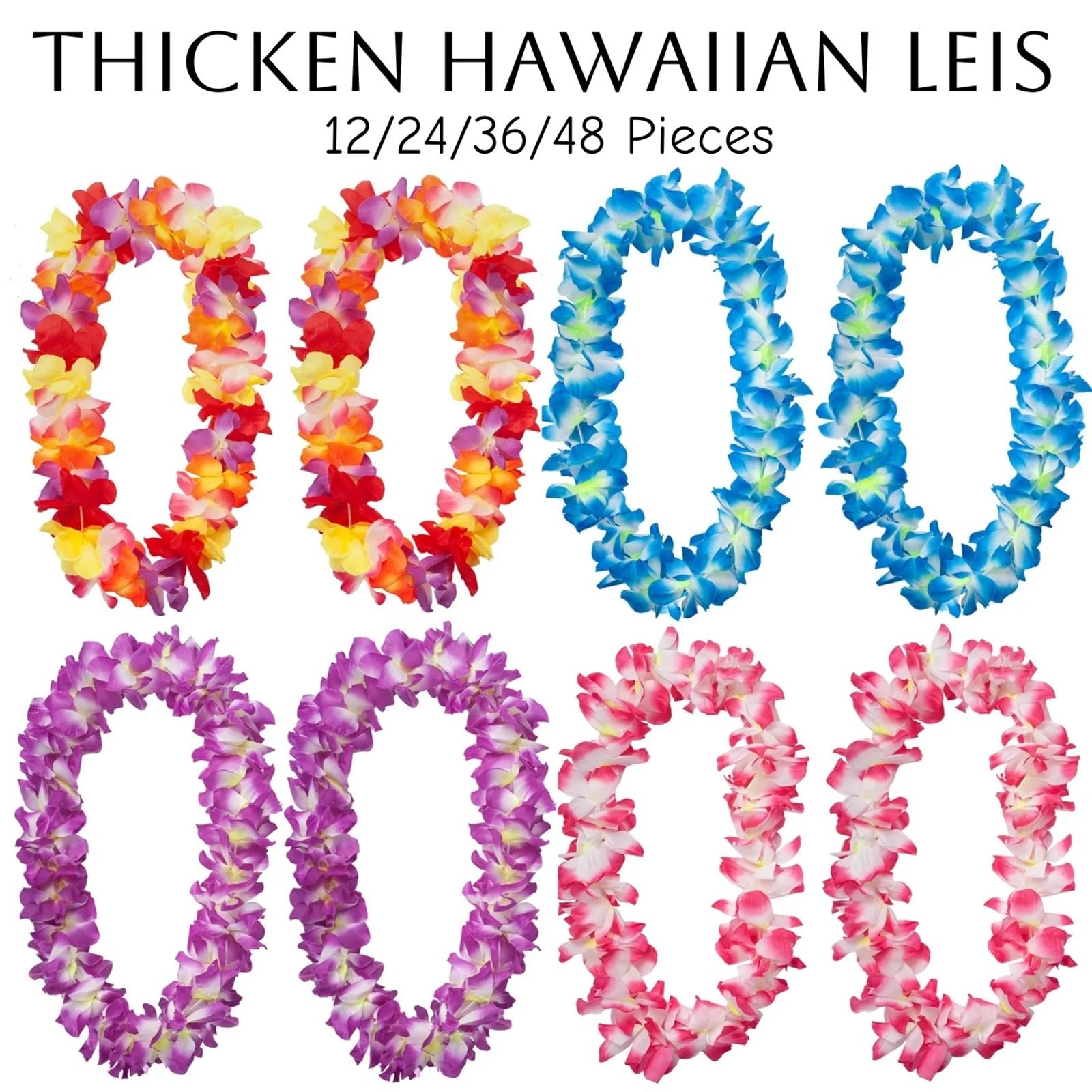 Collar de Flores Tropicales con Leis Hawaianos Gruesos, 12-48 Piezas, for Playa, Fiesta Luau, Piscina, Suministros for cumpleaños Tiki(Color A,48 Pieces)