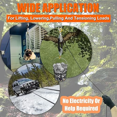 Miniatura 7 de YATOINTO Sistema de polea de polea de polea de cuerda, bloque de polea de 4400 libras y aparejos, relación 81 potencia de elevación de 38 × 65 pies,