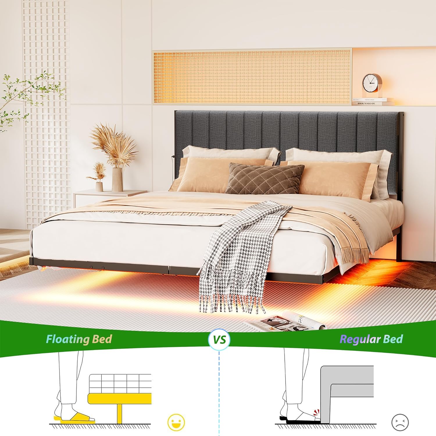Floating Queen Bed Frame with LED Lights & Charging Station,Modern Metal Platform Bed Frame Queen Size with Upholstered Headboard,No Box Spring Needed,Heavy Duty Steel Slats,Easy Assembly,Noise Free - Image 7